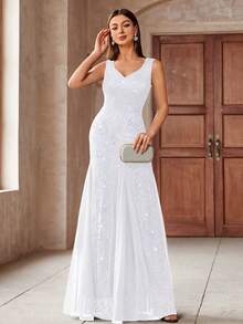 MIUSOL Sweetheart Neckline Contrast Color Sequin Lace Mesh Mermaid Hem Formal Maxi Dress Wedding Spring White - White - View 6