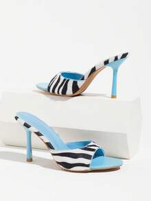 Women's Blue Zebra Print Plush Mule High Heel Sandals, Spring/Summer Vacation, Round Toe Open Toe Slip-On Stiletto High Heel Shoes, Women's Formal Shoes - Baby Blue - View 6