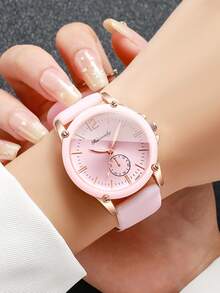 Women's Fashion Gentle Style Quartz Watch, Silicone Strap Single-Eye Digital Scale Dial Quartz Wristwatch, Gift For Girlfriend (1pc/Set) Watch Box Not Included - Pink - View 2