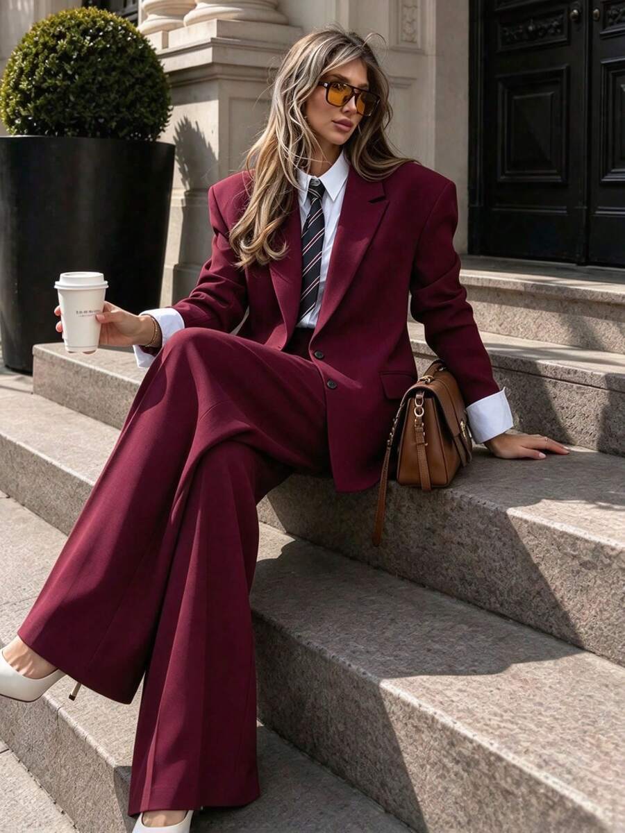 Women's Elegant Burgundy Suit Jacket And Pants Set, Suitable For Autumn Outings, Parties, Gatherings And Business Meetings
