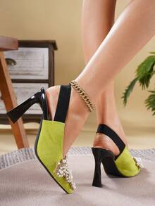 2026 New Fluorescent Yellow Women's Closed Toe Backless 9cm High Heel Sandals, Pointed Toe Pearl Rhinestone Decor, Stable Chunky Heel, Eye-Catching Wedding Evening Party Dress Shoes - Yellow - View 4