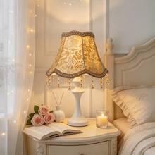 Vintage Pastoral Floral Fabric Lamp Shade, Pink Green Gold With Pearl Tassels, Bell-Shaped Table Lamp Shade For Bedroom Home Decor, Suitable For Various Styles As Table Lamp Shade - Multicolor - View 6
