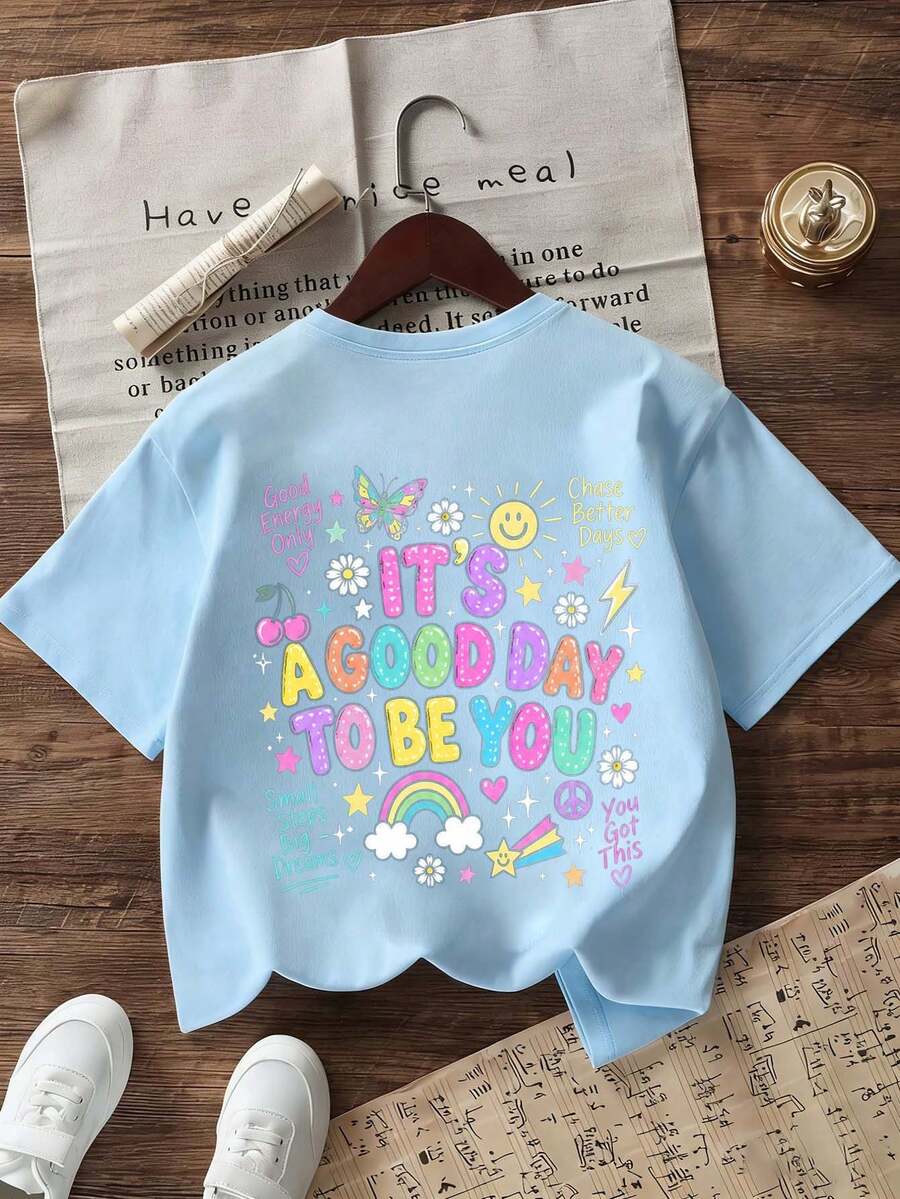 Tween Girls' Casual Graphic Print Crew Neck Short Sleeve T-Shirt, Summer Top - Baby Blue - View 1