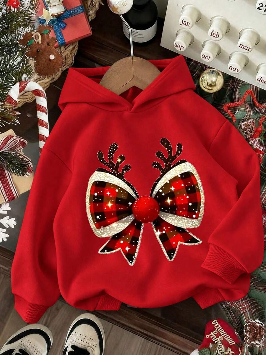 Christmas-Tween Girl Fun Graphic Print Sweatshirt, Warm & Comfortable Thermal Lined Pullover Sweatshirt For Autumn/Winter - Red - View 1