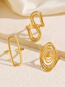 3pcs Stainless Steel Gold Fashion Personalized Minimalist Elegant Geometric Oval Line Ring Set Suitable For Women Daily Holiday Wear - Multicolor - View 2