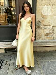 DEEKA New French Style Elegant Satin Texture V-Neck Spaghetti Strap Backless Midi Dress For Party And Banquet Summer - Yellow - View 2
