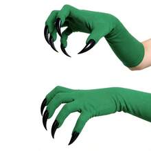 Halloween Witch Green & Black Long Nail Gloves, Performance Witch Costume Claw Gloves - Multicolor - View 7