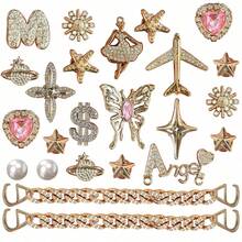 24pcs Gold Shiny Rhinestone Butterfly Heart Star Airplane Pearl Chain Shoe Charms, ABS DIY Girls Women Shoe Decorations Accessories - Gold - View 6