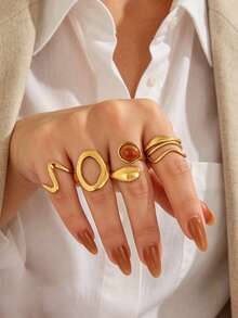 4pcs Stainless Steel Gold Fashionable Personalized Elegant Vintage Style Geometric Oval Line Ring Set Suitable For Women Daily Wear, Holiday, Party, Shopping - Multicolor - View 7