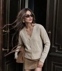 NOVELLE Women's Pearl Embellished V-Neck Knit Cardigan, Autumn Winter Exquisite Button Front Loose Versatile Commute, For Daily, Going Out And Dating - Apricot - View 5
