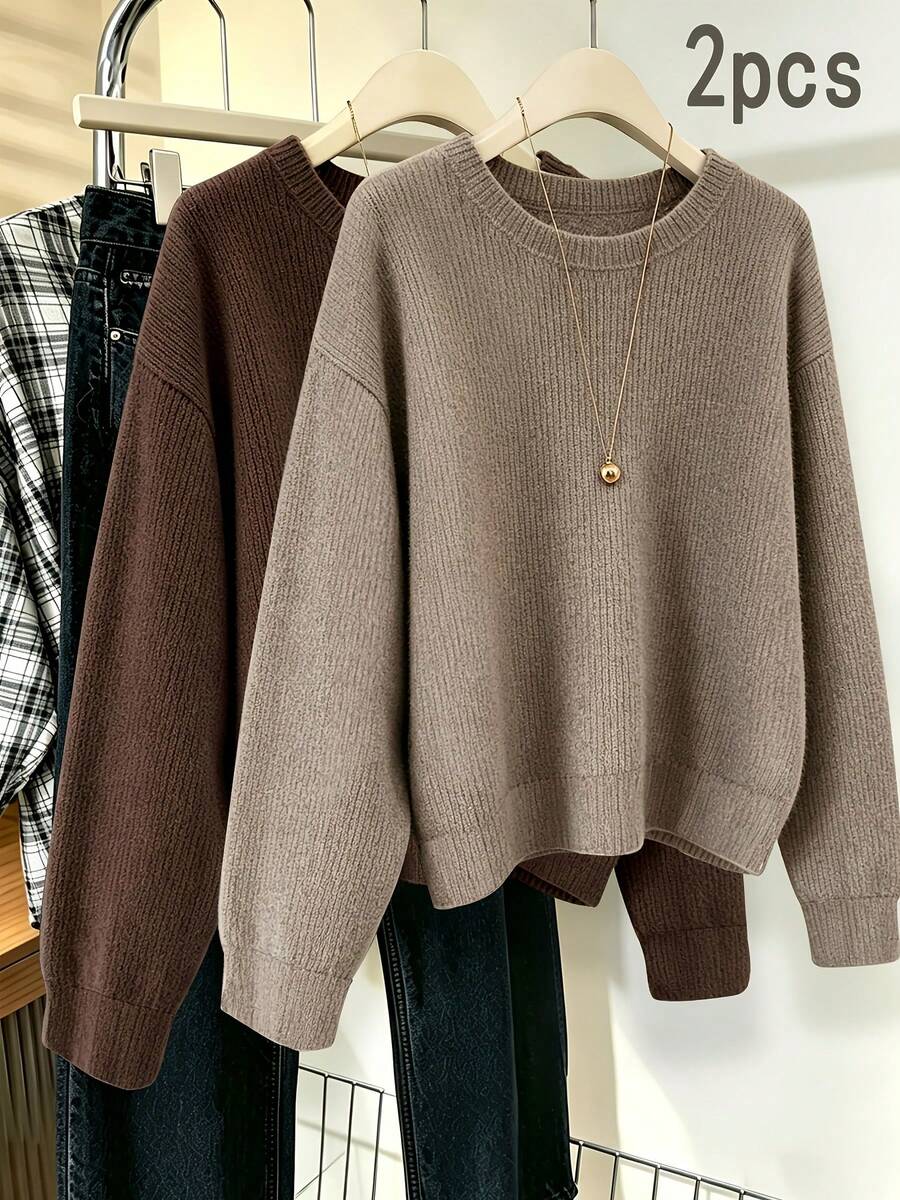 Large Women's Autumn And Winter Versatile Imitation Sweater, Printed Style, Round Neck Long Sleeved, Khaki And Coffee Color Two Pieces Set - Multicolor - View 1