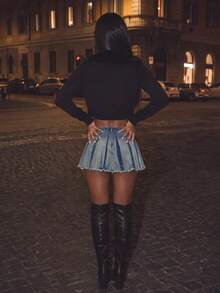 Women's Sexy Pleated Denim Mini Skirt With Fringed Hem, Short Washed Grunge Style - Blue - View 7