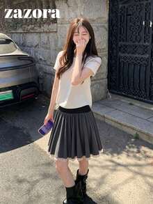 花卉拼接分層百搭女孩風韓式女裙，可疊穿，秋冬服飾 - 深灰色 - 查看 4