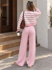 Women's Autumn/Winter Ribbed Knit Pink Wide Leg Pants, Drawstring Waist Design Loose Fit Long Pants, Fashionable Casual Comfortable Wear - Pink - View 2