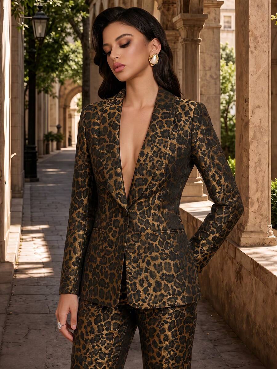 Women 2 Pcs Elegant Leopard Print Long Sleeve Slim Fit Blazer & Straight Leg Pants For Office Business Meeting Wedding Guest Date Cocktail Party - Brown - View 1