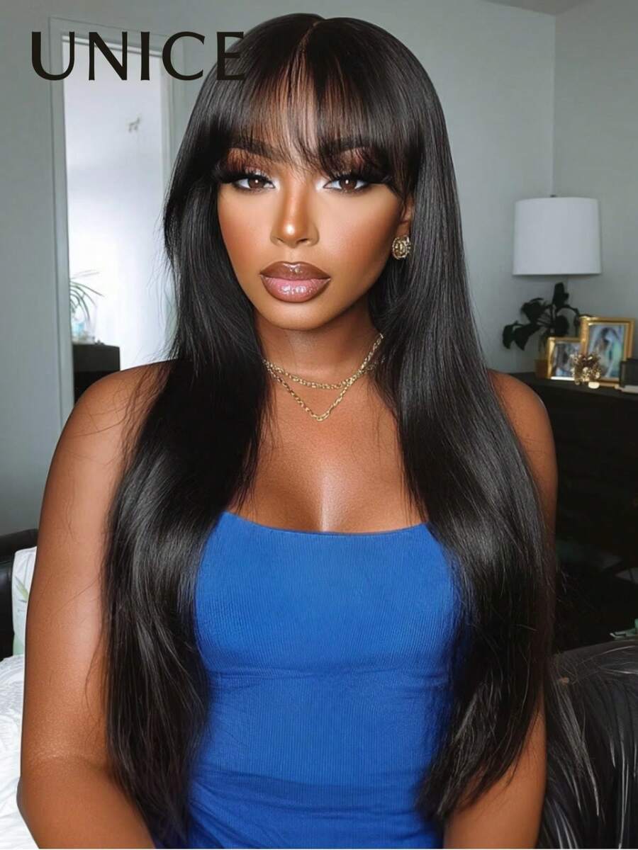 UNice Glueless Minimalist Lace Long Layered Yaki Straight Wig With Wispy Bangs Machine Made Wig 100% Human HairNo Lace No Glue Beginner Friendly Natural Black