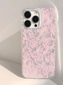 1pc Light Color Romantic Lace Floral Pattern Phone Case, Silver Transparent Thick Protective Cover Compatible With Iphone 11/12/13/14/15/16 Pro Max - Multicolor - View 1
