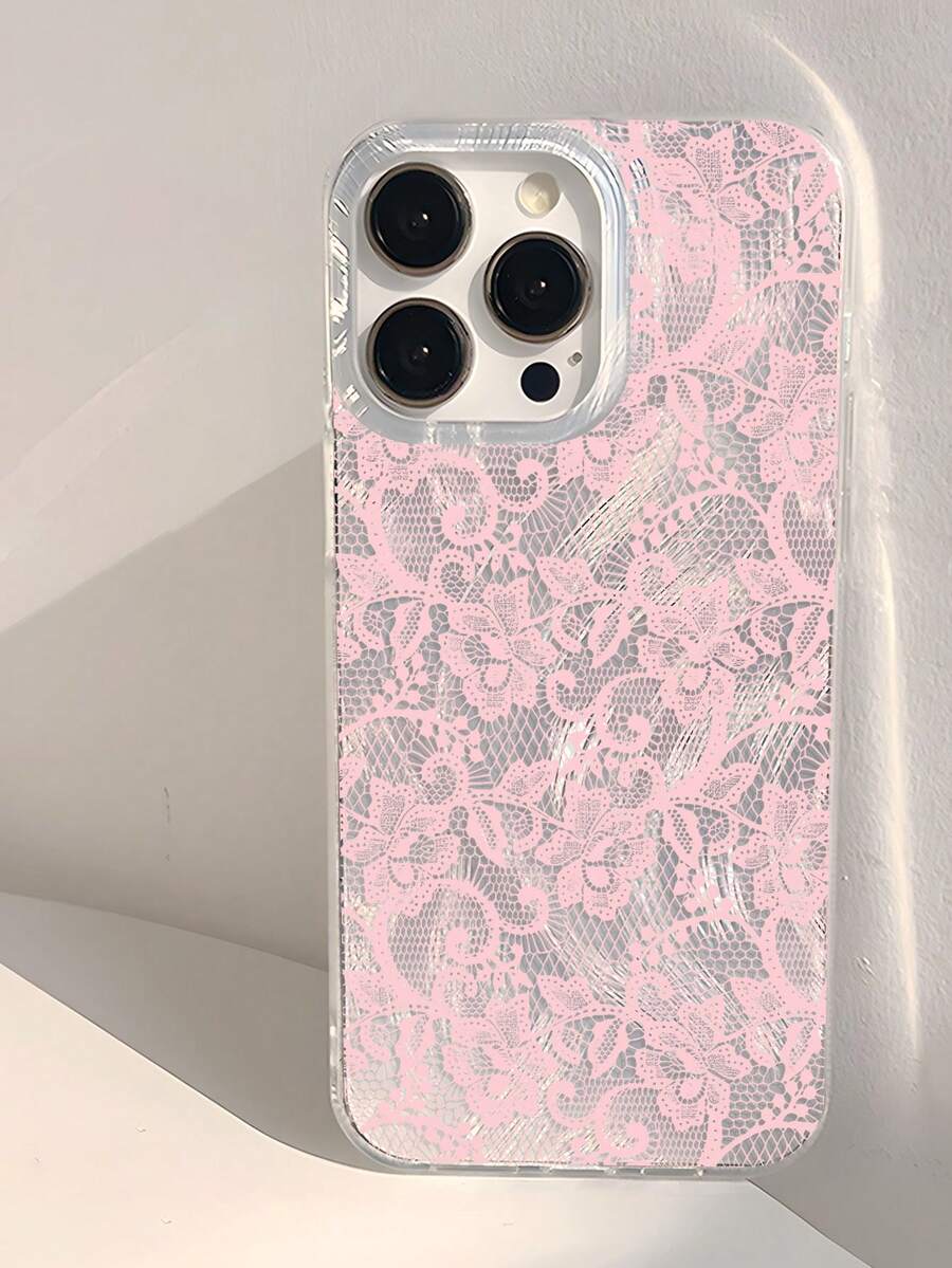 1pc Light Color Romantic Lace Floral Pattern Phone Case, Silver Transparent Thick Protective Cover Compatible With Iphone 11/12/13/14/15/16 Pro Max - Multicolor - View 1