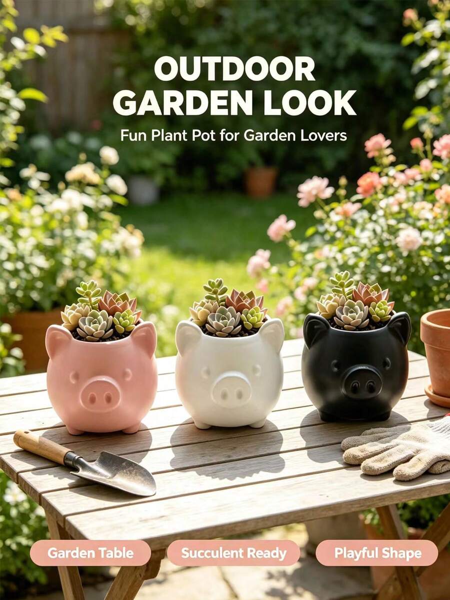 Cute Pig Shaped Ceramic Succulent Planter (1pc) - Mini Planter With Drainage Hole, Suitable For Desk, Office, Bedroom And Balcony Decor; Ideal Gift For Plant Lovers And Home Gardening; Cartoon Animal Design, Suitable For Planting Small Cacti; Exquisite Gift For Housewarming, Valentine's Day, Christmas And Birthday. - Multicolor - View 1