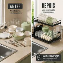 Suporte Secador de Pratos 2 Andares com Acessórios, Aço Carbono Preto e Cromado, Porta-Talheres, Cabide para Tábua e Ganchos, Bandeja de Água – 40x25x30cm - Visão 5
