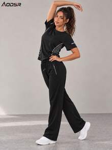 AODSR 2PCS Women Short Sleeve Two Pieces Pants Set Casual Top And Long Pants Set Women Matching Outfit - Black - View 5
