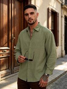 Lookun Men's Loose Fit Collared Shirt With Pleats, Japanese Minimalist Commuter Style, Vertical Textured Stripe, Autumn/Winter - Army Green - View 5