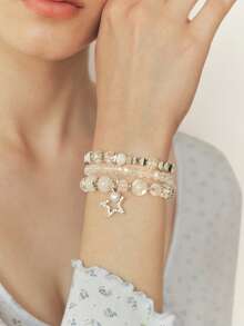 Sorayune 3pcs/Set Bohemian Style Women's Crystal Beads & Silver Alloy Block Bracelets - White - View 5