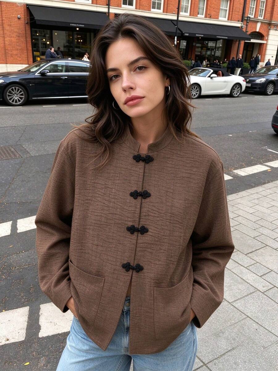 Seelio Autumn New Women's European And American Style Fashion Minimalist Frog Button Front Jacket - Coffee Brown - View 1