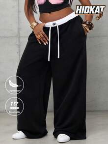 Hidkat Women's Casual Sports Long Pants, Patchwork Contrast Waist Design, Comfortable Versatile Wide Leg Curved Pants, Suitable For Daily Wear, Commuting, Lazy Street Style - Black - View 2