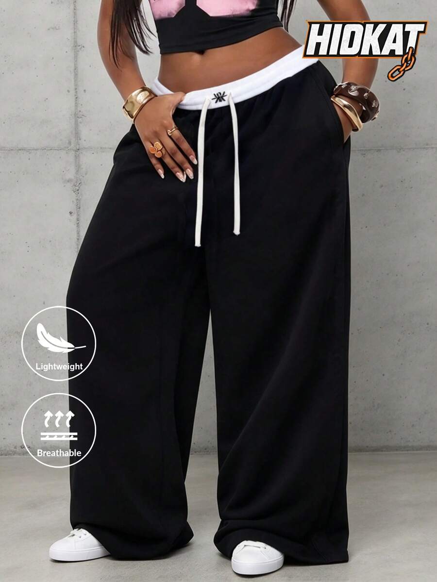 Hidkat Women's Casual Sports Long Pants, Patchwork Contrast Waist Design, Comfortable Versatile Wide Leg Curved Pants, Suitable For Daily Wear, Commuting, Lazy Street Style