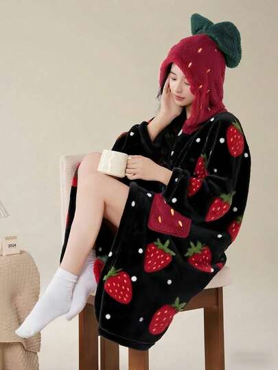 Strawberry Pattern Hooded Casual Long Robe, Long Sleeve Autumn/Winter Thermal Lined Thick Button-Up Plush Casual Robe Nightgown Dress Bathrobe, With Pockets, Women's Loungewear And Pajamas 1pc