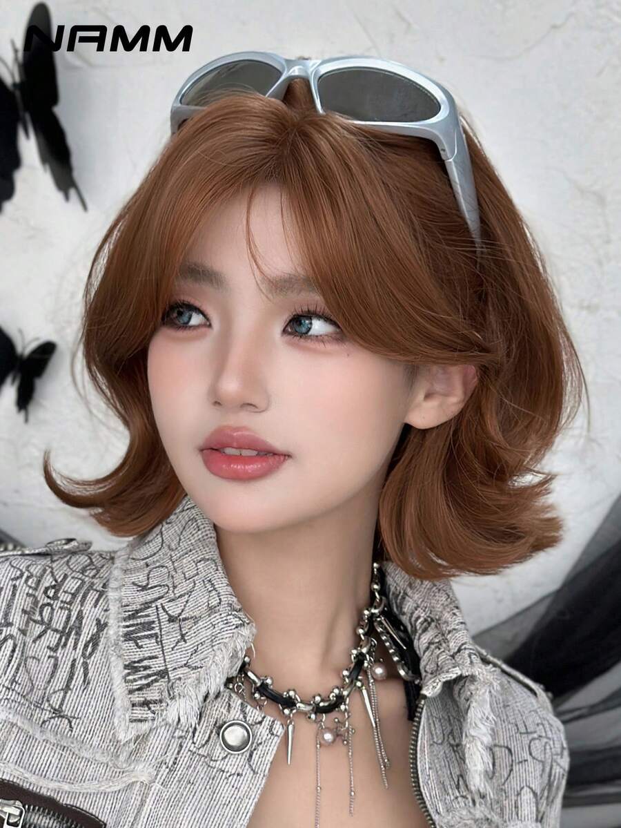 NAMM 12 Inch Short Curly Wigs For Women - Modest Fashion Wave Wig Curtain With Bangs, Brown Soft Silky Heat-Resistant Synthetic Fiber Wigs For Daily Use, Perfect For Holidays Music Festivals Celebrations-Sakura Celebrations Glam & Party Street Wear