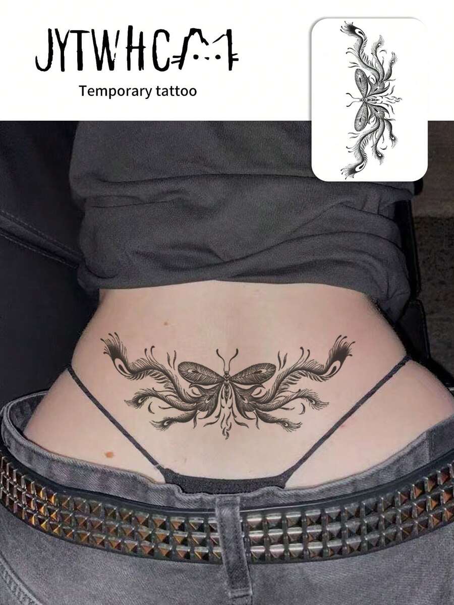 Waterproof Temporary Transfer Tattoo,1pc Black Sketch Peacock Feather Moth Large Tattoo Sticker, Vintage Gothic Design, Long Lasting Fake Body Art Tattoo For Women, For Lower Back Waist, Party Daily Wear - Black - View 1