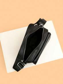 Men's Fashion Flap Small Square Crossbody Bag, Mini Shoulder Bag, Solid Color PU Leather - Black - View 3