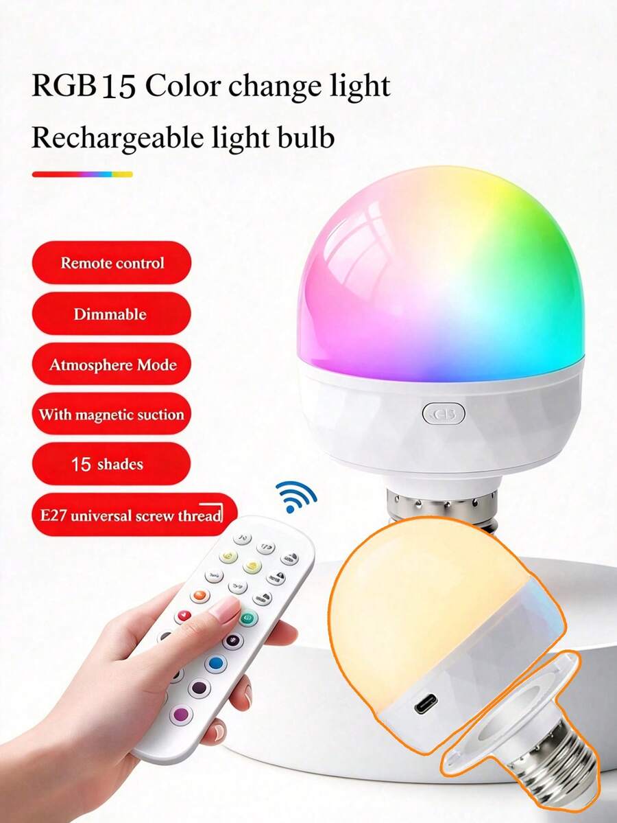 1 bóng đèn LED RGB E27 nam châm tháo rời được, đèn ngủ đổi màu sạc USB kèm điều khiển từ xa, có thể điều chỉnh độ sáng và hẹn giờ, 2 cách lắp đặt, phù hợp trang trí trong nhà - 1 - Xem 1