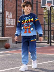 Boys Spring/Autumn 2-Piece Set, Gradient Cartoon Pixel Style 67 Number Anthropomorphic Letter Print Crew Neck Sweatshirt With Matching Jogger Pants, Playful Casual Everyday Outfit - Blue - View 1