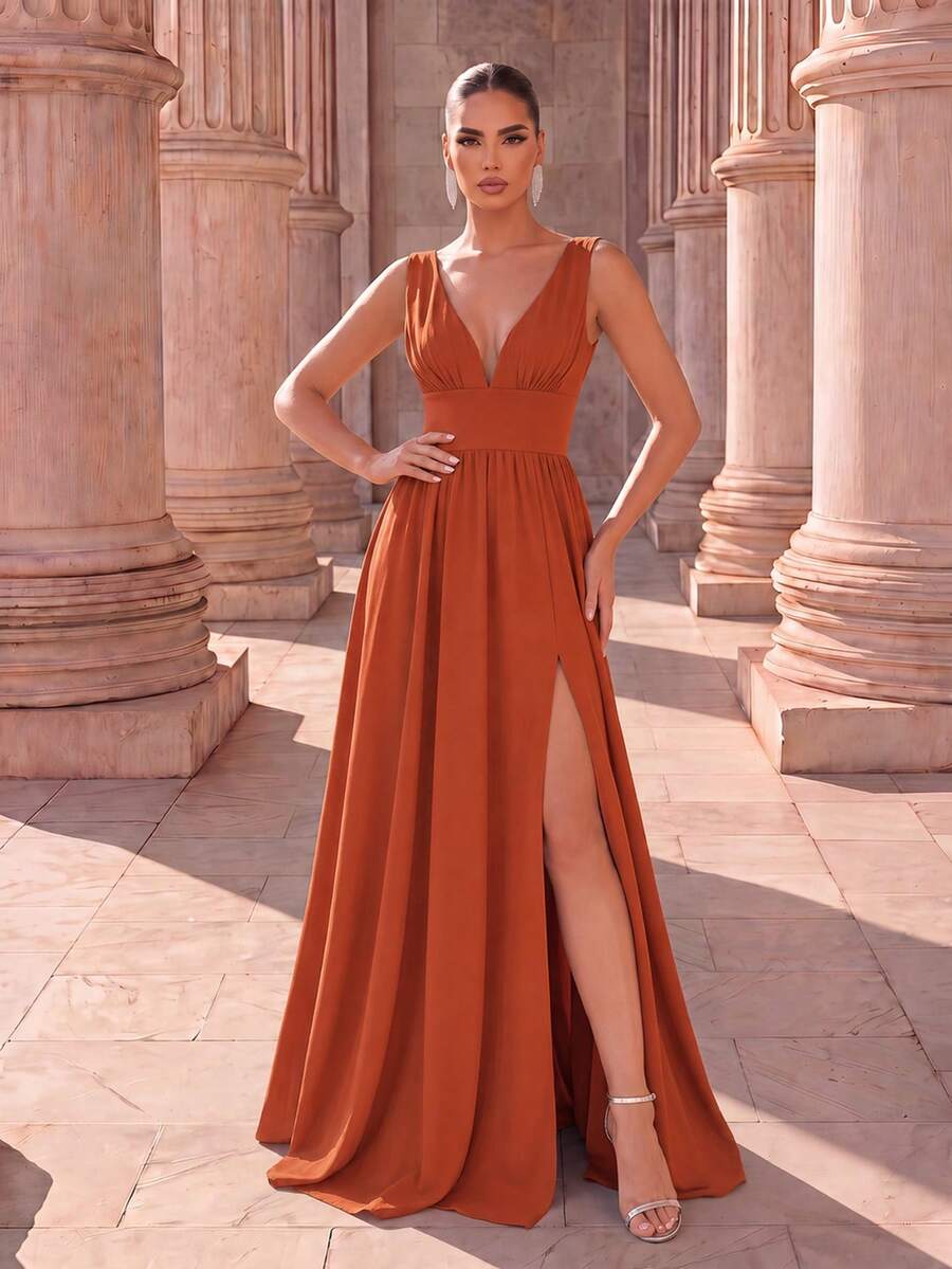 Sexy Autumn Double V-Neck Slit Orange Bridesmaid Dress Wedding Guest Dress Women Elegant Evening Gown Wedding Party Dress Prom Dress Suitable For Graduation Party Beach Vacation Dress