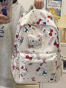 SANRIO Cute Mori Style Graffiti Kitty Backpack, Lightweight Breathable Student Wear-Resistant Burden-Reducing Shoulder Strap Large Capacity School Bag - A - View 2