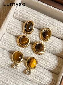 3 Pairs Vintage Elegant Gentle Amber-Tone Resin Inlaid Earrings Set, Suitable For Women's Daily, Party And Ball Wear In Autumn/Winter - Brown - View 2