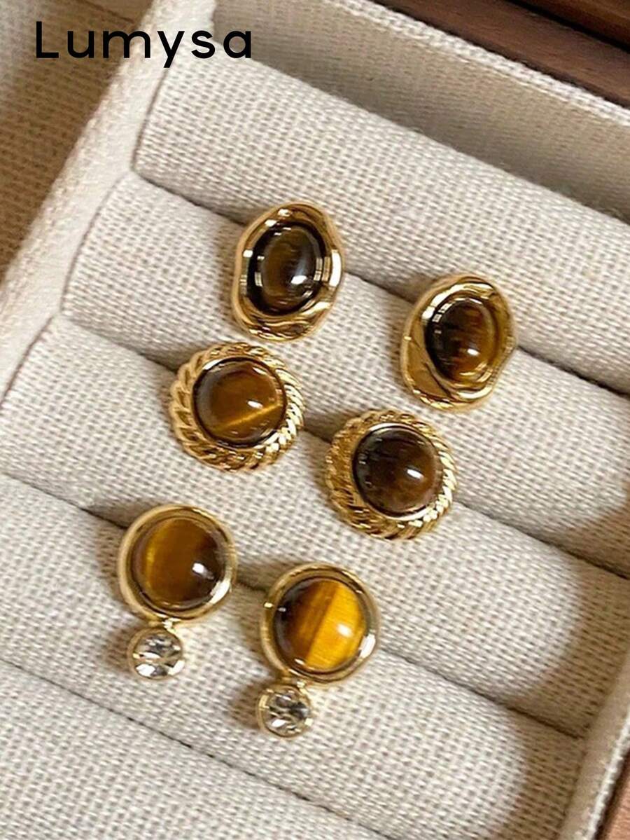 3 Pairs Vintage Elegant Gentle Amber-Tone Resin Inlaid Earrings Set, Suitable For Women's Daily, Party And Ball Wear In Autumn/Winter