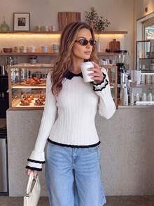 Black & White Contrast Color Small Lapel Ribbed Knit Slim Fit Waist Hollow Out Detail Ruffle Flare Long Sleeve Base Layer Top For Women - White - View 4