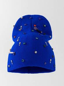 1 mũ len beanie nam thời trang đa năng màu trơn, đính ghim và đá rhinestone, mũ len dệt kim giữ ấm cho mùa thu/đông, phù hợp mặc hàng ngày và phối đồ - A - Xem 6