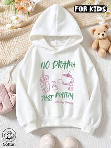 Girls Matcha Quote Hand Drawn Print Hoodie, Casual Long Sleeve Hooded Pullover - White - View 10