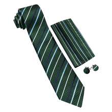 Men's Green Striped Tie Pocket Square Cufflinks Ring 4Pcs Set, Cufflinks Random Pattern, Wedding Business Suit Accessories - Green - View 5