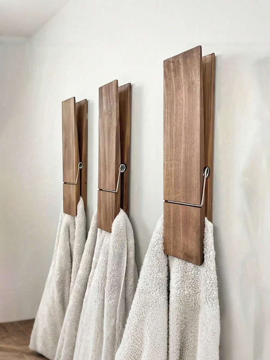 ML1PC Giant Clothespin Bath Towel Rack, Oversized Wooden Clip Towel Holder Set For Bathrooms, Farmhouse Style Wall-Mounted Towel Rack, Multi-Functional Home Laundry Decor, Towel Rack Or Hook, Bathroom Accessories Wall Decor - Multicolor - View 1