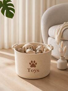 1pc Pet Toy Storage Basket, Simple Ins Style Paw Print Miscellaneous Storage Basket, Double Handle Cotton Pet Storage Basket, Sturdy And Durable, Foldable, Suitable For Storing Dog, Cat Toys, Pet Supplies, Balcony, Living Room, Bedroom Placement - Apricot - View 5