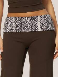 TimeOff Women's One Set Snake Skin Print 2 In 1 Patchwork V-Neck Halter Tank Top Folded Waist Wide Leg Pants Running Sports Outfit - Brown - View 6