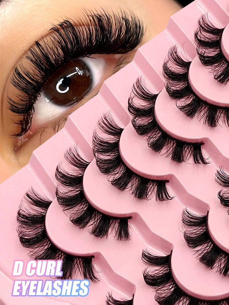 Asiteo 7 Pasang Bulu Mata Palsu D Curl Fluffy, Bulu Mata Palsu Tebal Keriting Bervolume Faux Mink Full Strip Cocok Untuk Sehari-hari, Pesta, Kencan, Panggung - Hitam - View 1