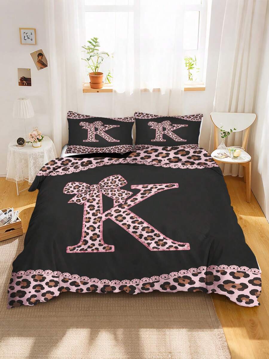 2/3PCS Girls Pink Leopard Letter K Bedding Set, Bow Lace Edge Duvet Cover Set For Children, Teenagers, Adults, Girls, Bedroom(Twin/Full/Queen/King Size) - Multicolor - View 1