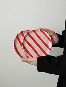 1pc/2pcs/4pcs Ins Style Cute Hand-Painted Dual-Color Striped Ceramic Plate, Breakfast Bread Plate, Western Dinner Plate, Dessert Cake Plate, Fruit Salad Plate, Holiday Gift For Family And Friends - Multicolor - View 11